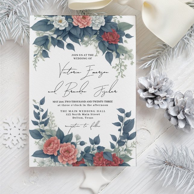Romantic Red Pink Blue Winter Floral Wedding Invitation (Creator Uploaded)