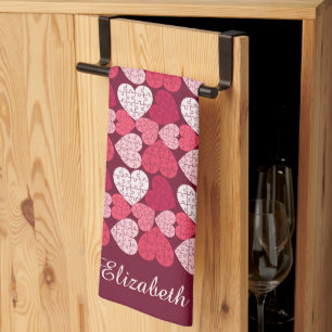 Romantic Red & Pink Jigsaw Puzzle Heart Pattern Kitchen Towel