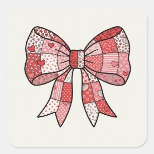 Romantic Red Pink Patchwork Ribbon Bow Drawing Square Sticker