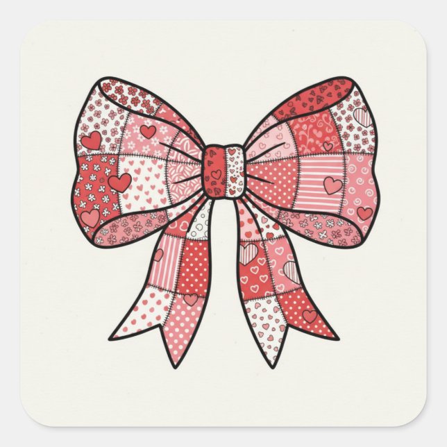Romantic Red Pink Patchwork Ribbon Bow Drawing  Square Sticker (Front)
