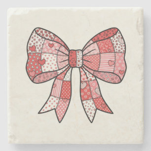 Romantic Red Pink Patchwork Ribbon Bow Drawing Stone Coaster