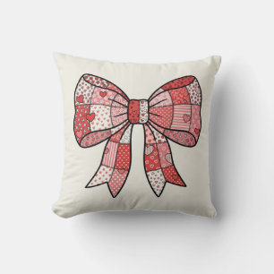 Romantic Red Pink Patchwork Ribbon Bow Drawing  Throw Pillow