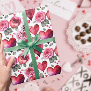 Romantic Red Pink Rose & Hearts Watercolor Pattern Wrapping Paper