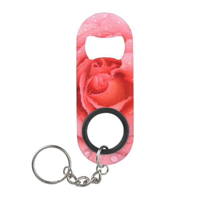 Romantic Red Pink Rose Water Drops Keychain Bottle Opener (Front)