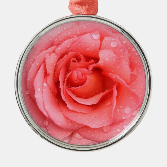 Romantic Red Pink Rose Water Drops Metal Ornament (Front)