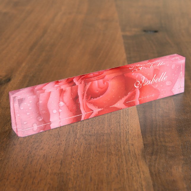 Romantic Red Pink Rose Water Drops Name Plate (Side)