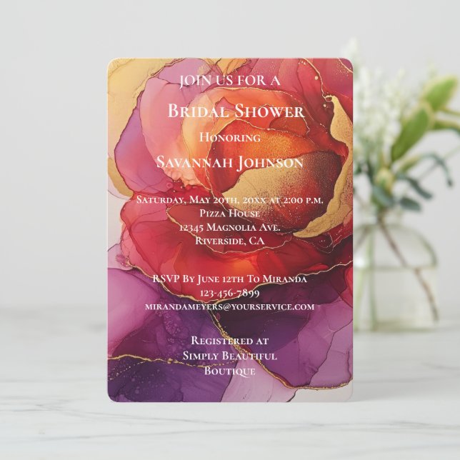 Romantic Red Purple Gold Rose Floral Bridal Shower Invitation (Standing Front)