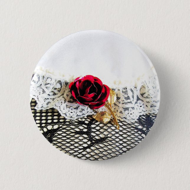 Romantic red rose and white lace 2 inch round button (Front)