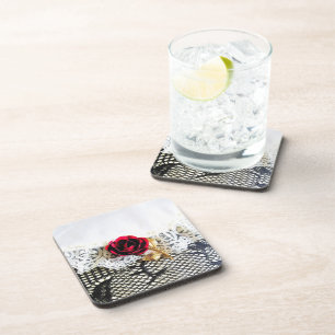 Romantic red rose and white lace coaster