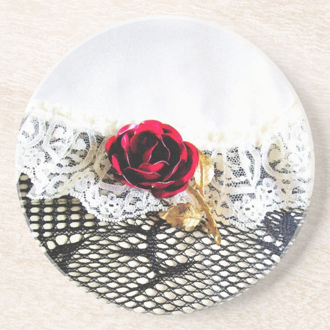 Romantic red rose and white lace coaster (Front)