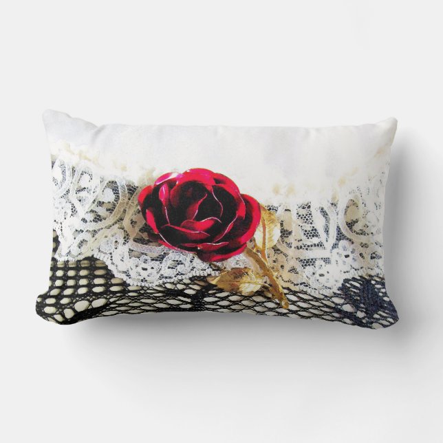 Romantic red rose and white lace lumbar pillow (Front)