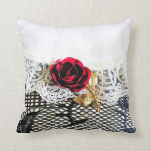 Romantic red rose and white lace throw pillow