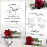 Romantic Red Rose Budget Wedding Program<br><div class="desc">These wedding programs are elegant and tasteful, while still being budget friendly. The design features a single long stemmed red rose lying on its side, reflecting in a pool of water with waves and ripples. The typography features lacy black script calligraphy, and there is room for details on the ceremony,...</div>
