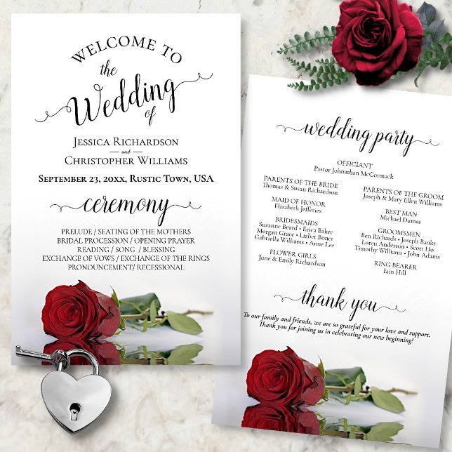 Romantic Red Rose Budget Wedding Program (In Situ Front and Back)