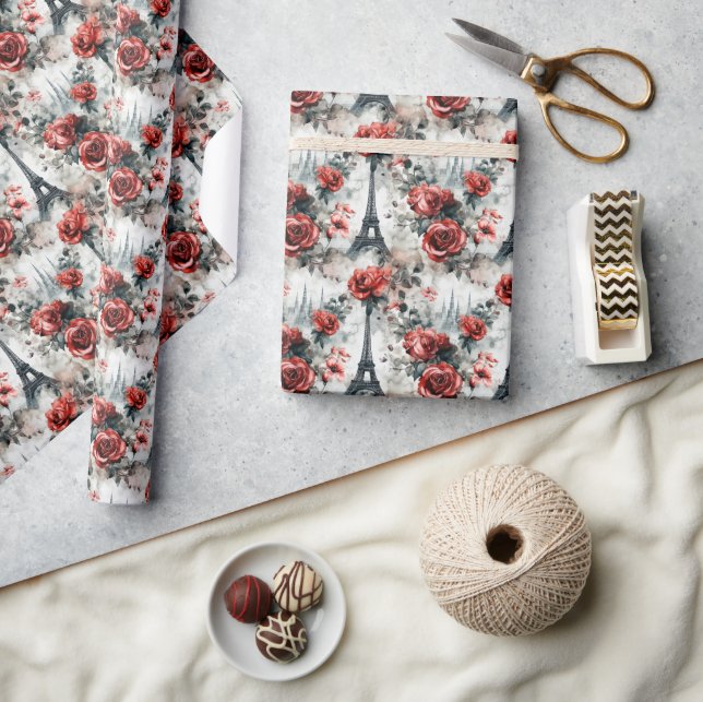 Romantic Red Rose Chic Eiffel Tower Paris French Wrapping Paper (Crafts)