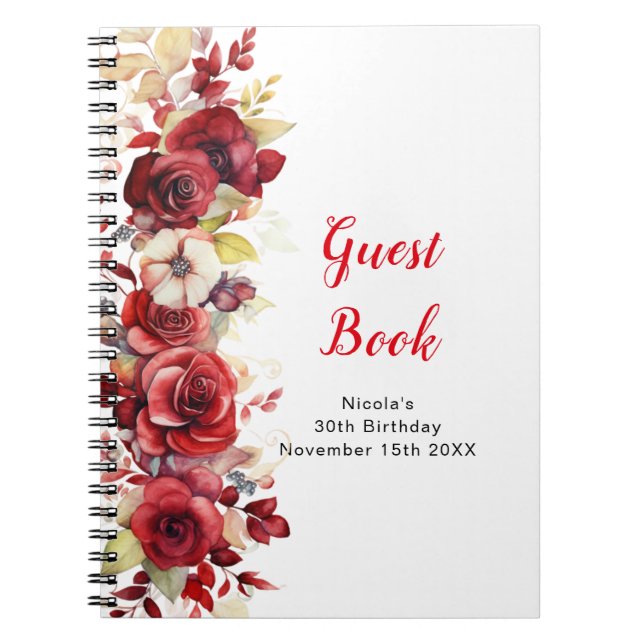 Romantic Red Rose Floral Birthday Party Guest Book (Front)