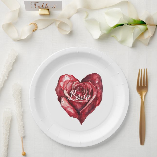 Romantic Red Rose Floral Heart Wedding Paper Plate (Wedding)