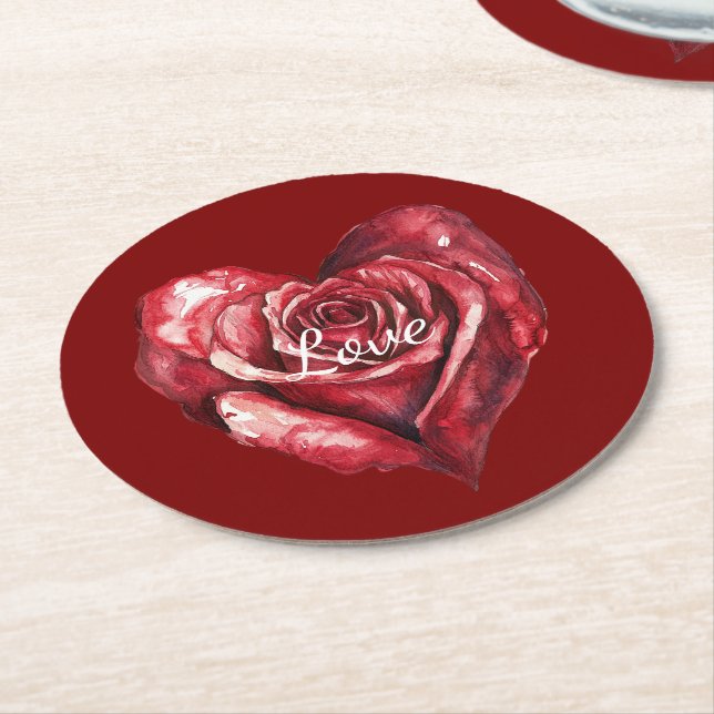 Romantic Red Rose Flower Heart Wedding Round Paper Coaster (Angled)