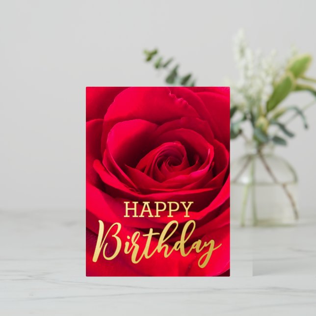 Romantic Red Rose Happy Birthday  Real Gold  Foil Holiday Postcard (Standing Front)