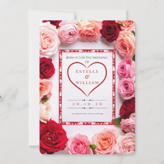 Romantic Red Rose Heart Border Wedding Invitation