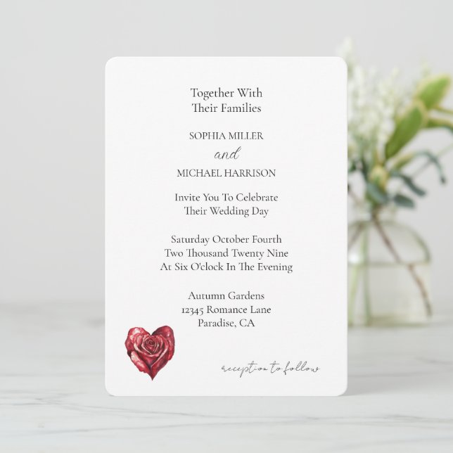 Romantic Red Rose Heart Flower Wedding Invitation (Standing Front)