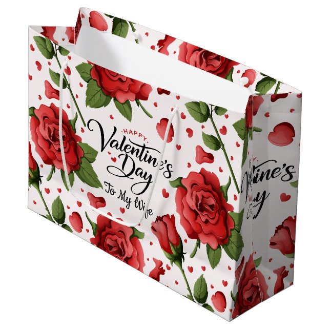 Romantic Red Rose & Heart Pattern Frame Valentine Large Gift Bag (Front Angled)