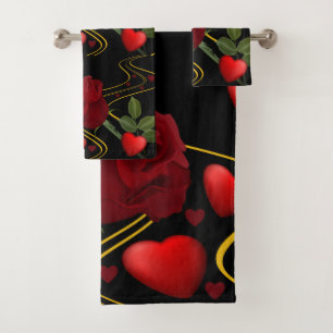 Romantic Red Rose Hearts & Gold Ribbon Bath Towel Set