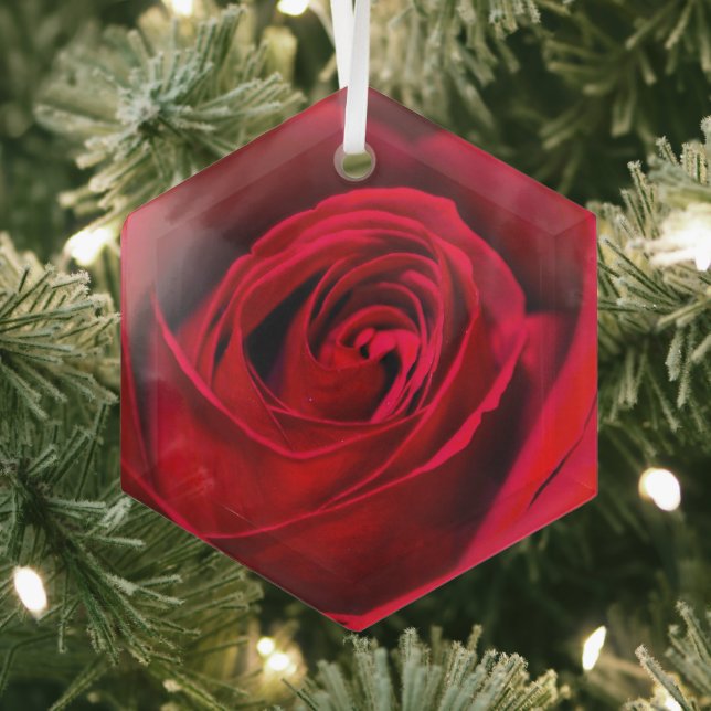 Romantic Red Rose in full bloom Glass Ornament (Insitu)