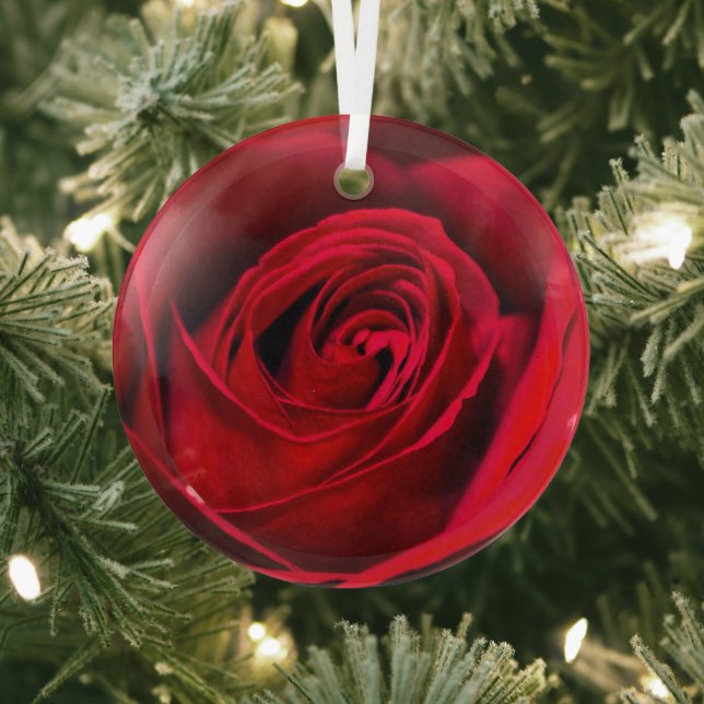 Romantic Red Rose in full bloom Glass Ornament (Insitu)