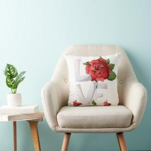 Romantic Red Rose Love Typography Botanical Throw Pillow