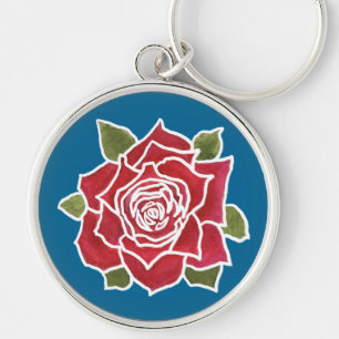 Romantic Red Rose on Blue Custom Keychain