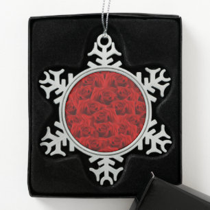 Romantic Red Rose Snowflake Pewter Christmas Ornament