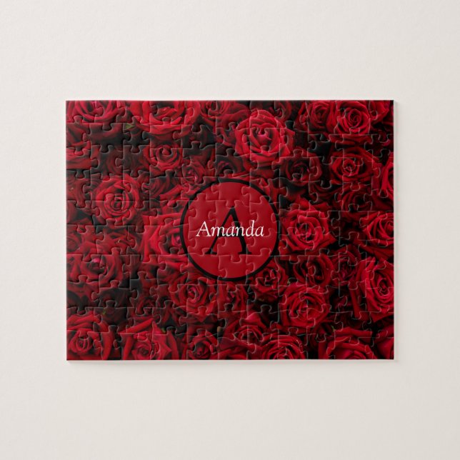 Romantic red rose Valentine personalized monogram Jigsaw Puzzle (Horizontal)