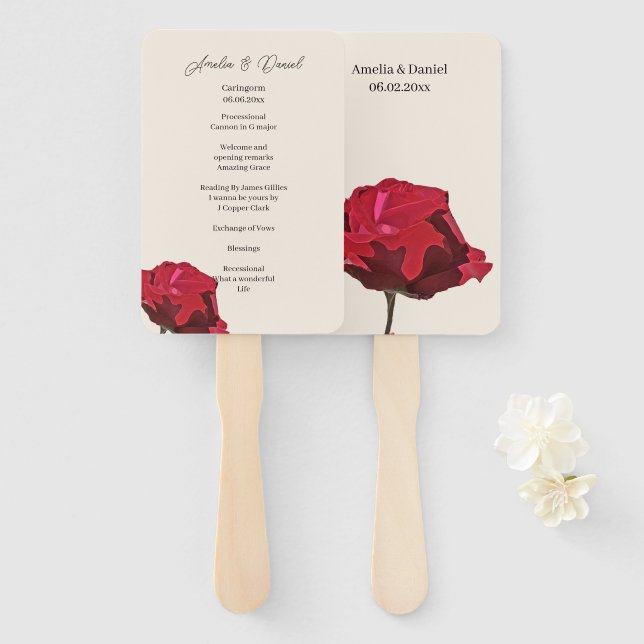 Romantic Red Rose Wedding Ceremony Program Hand Fan (Front and Back)