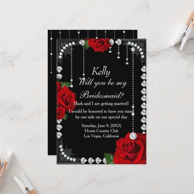 Romantic Red Roses And Diamonds Bridesmaid Invitation (Front/Back In Situ)