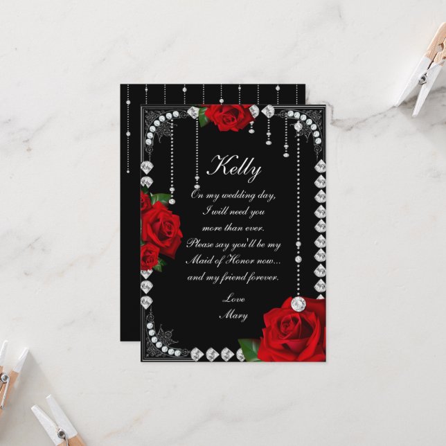 Romantic Red Roses And Diamonds Maid Of Honour Invitation (Front/Back In Situ)