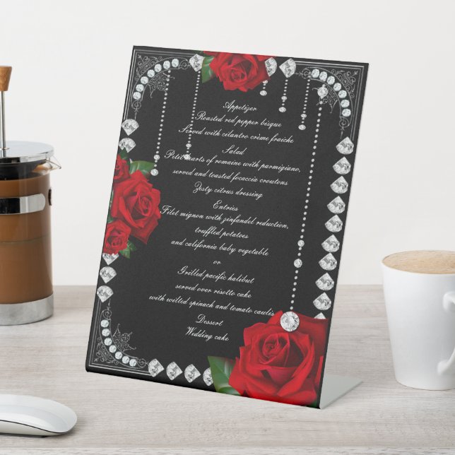 Romantic Red Roses And Diamonds Wedding Menu Pedestal Sign (In SItu)