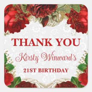 Romantic Red Roses and Gold Glitter 21st Birthday Square Sticker