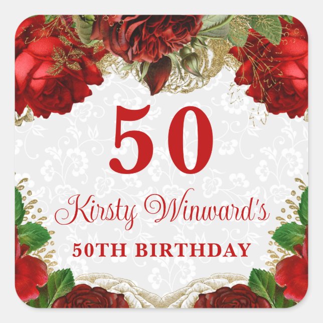 Romantic Red Roses and Gold Glitter 50th Birthday Square Sticker (Front)