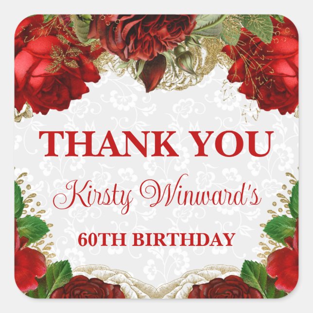 Romantic Red Roses and Gold Glitter 60th Birthday Square Sticker (Front)