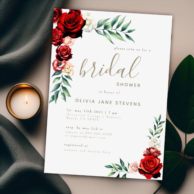Romantic Red Roses Boho Floral Frame Bridal Shower Invitation (Creator Uploaded)