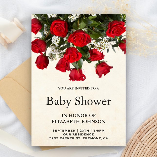 Romantic Red Roses Bouquet Baby Shower Invitation (Creator Uploaded)