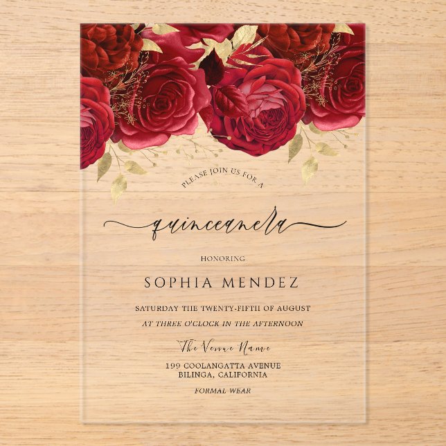 Romantic Red Roses Elegant Quinceanera Party Acrylic Invitations (Front)