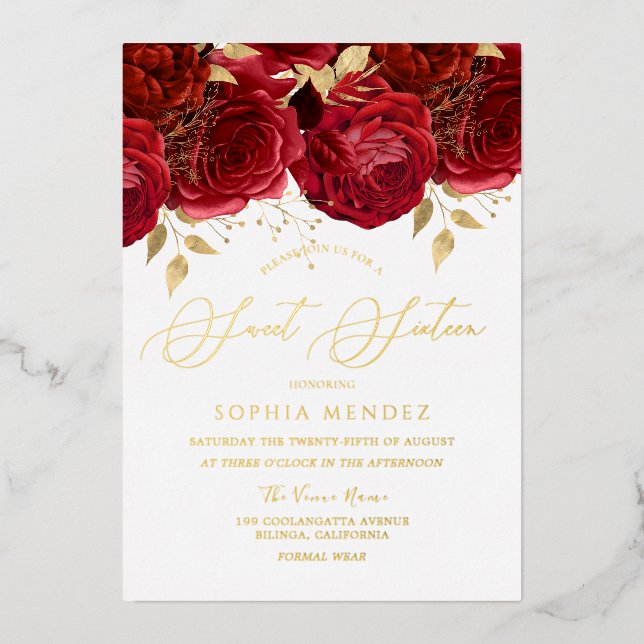 Romantic Red Roses Elegant Sweet 16 Party Gold (Front)