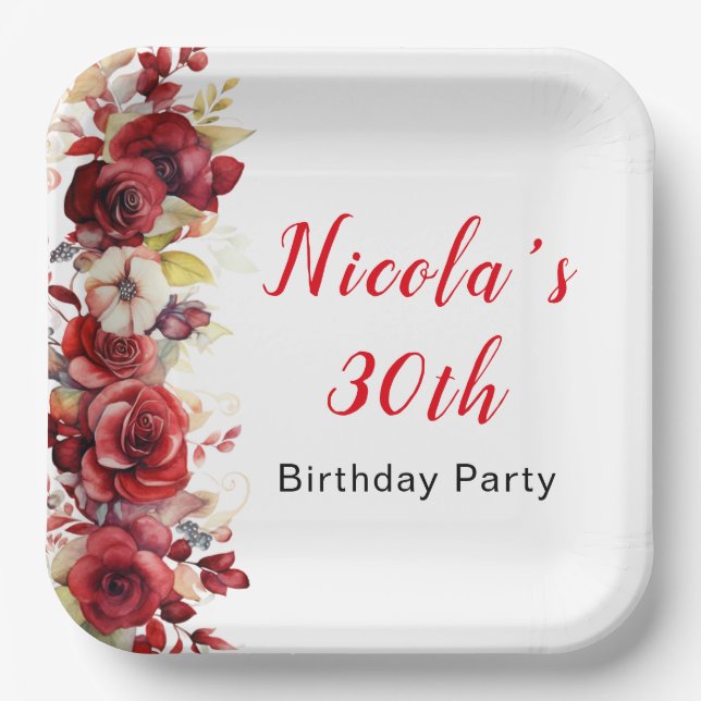 Romantic Red Roses Floral Birthday Paper Plate (Front)