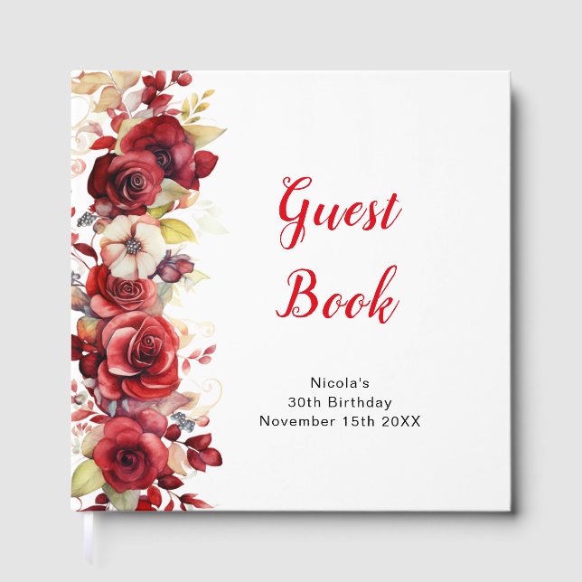 Romantic Red Roses Floral Birthday Party Guest Book (Front)