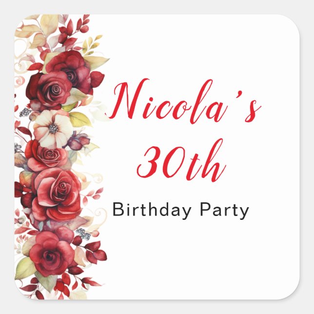 Romantic Red Roses Floral Birthday Party Square Sticker (Front)