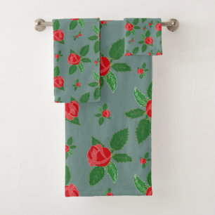 Romantic Red Roses Floral Pattern Green Leaves Bat Bath Towel Set