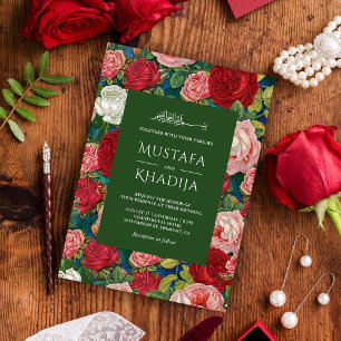 Romantic Red Roses Floral Pattern Islamic Wedding Invitation