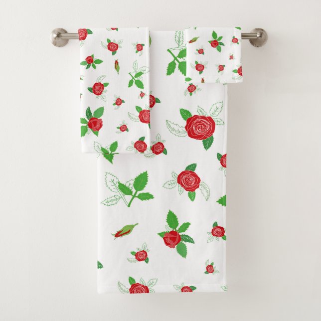 Romantic Red Roses Floral Pattern Retro  Bath Towe Towel Set (Insitu)